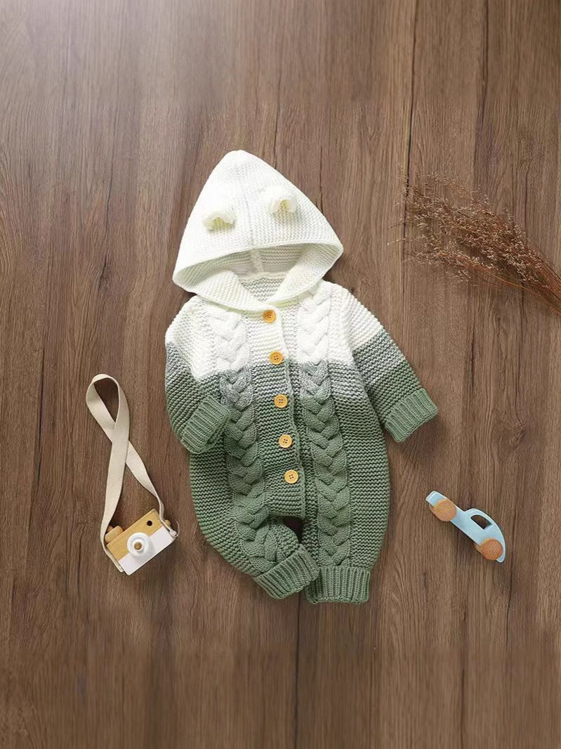 Knitted Baby Hooded Jumpsuit – Warm Acrylic One-Piece Romper
