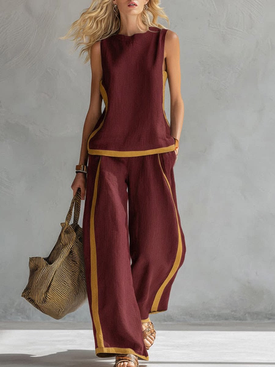 Women’s Sleeveless Two-Piece Set – Color Block Wide-Leg Outfit
