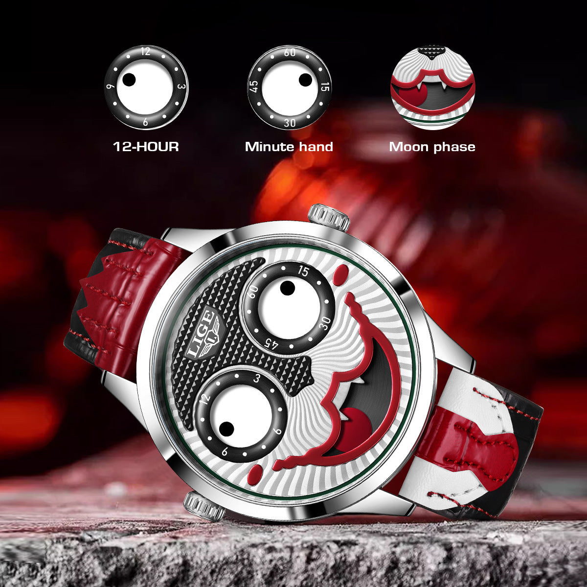 Moon Phase Clown Watch – Waterproof Quartz Leather Strap Watch
