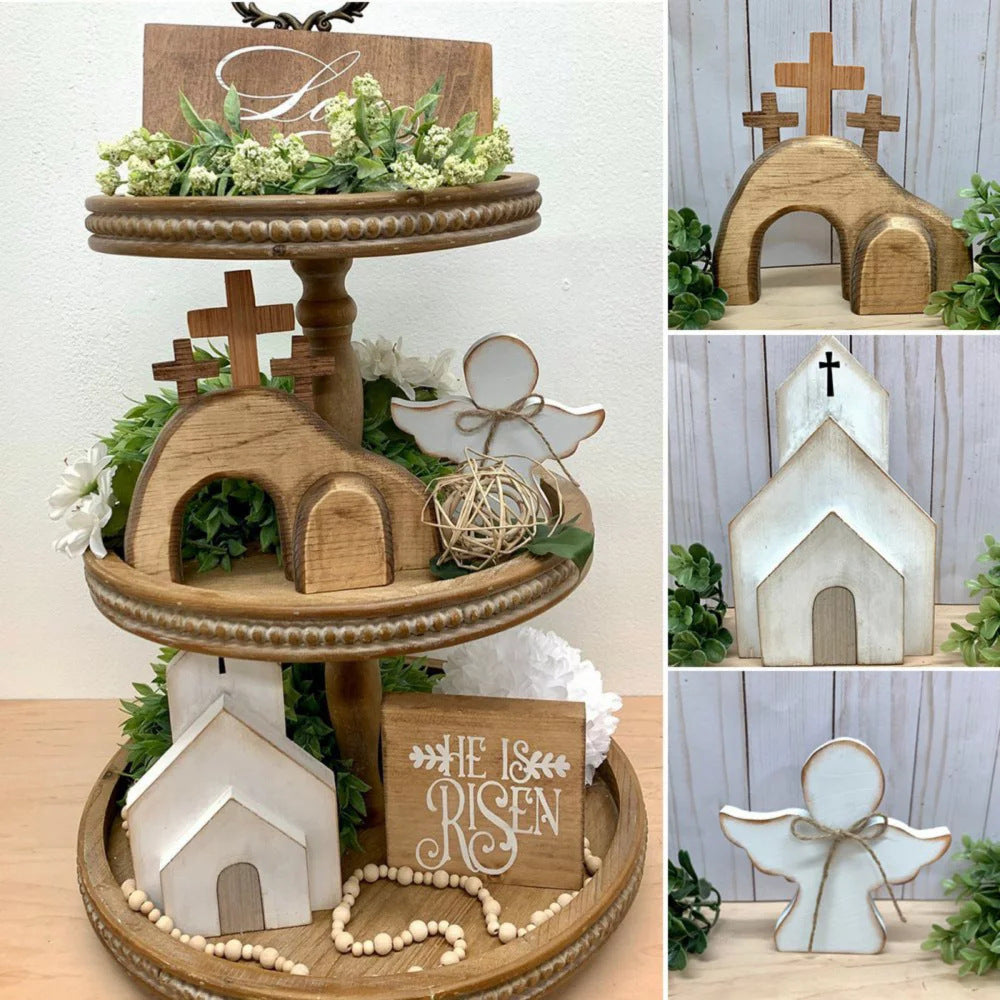 Easter Religious Wooden Decor Set – Pine Wood Cross, Church & Angel Tray Display