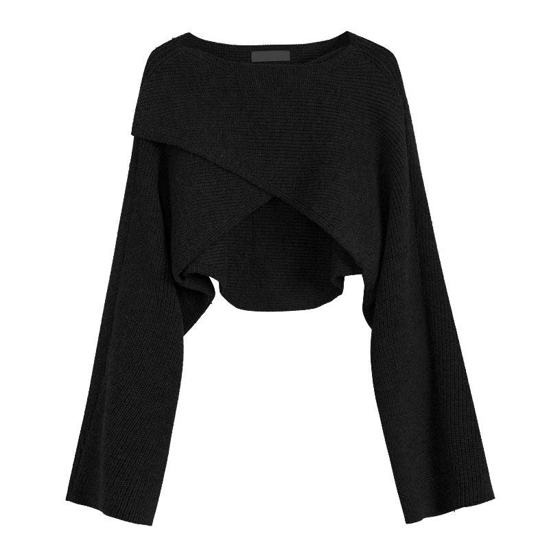 Women’s Cropped Batwing Knit Sweater – Asymmetrical Round Neck Fashion Pullover