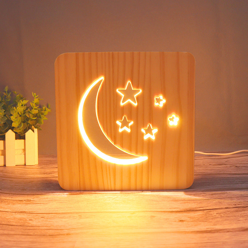 3D Wooden Projection Night Light – LED Carved Ambient Table Lamp