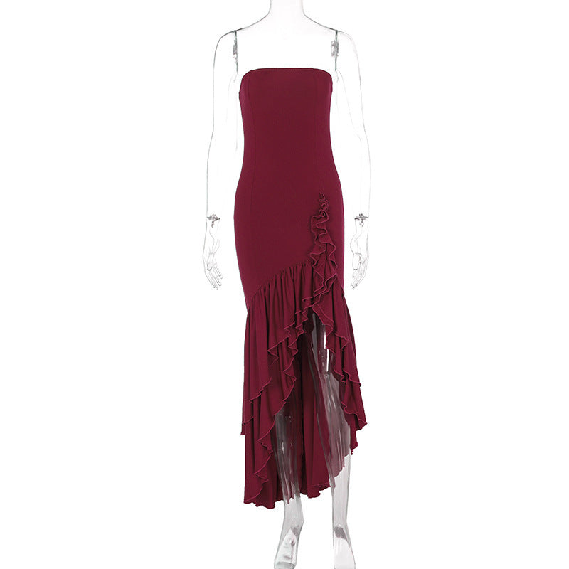 Women’s Off-Shoulder Maxi Dress – Asymmetrical High Waist Lotus Hem Dress