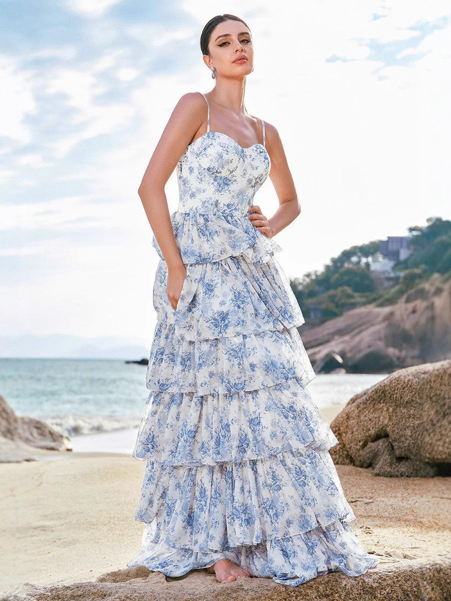 Women’s Floral Chiffon Dress – Halter Neck Tie Waist Elegant Dress