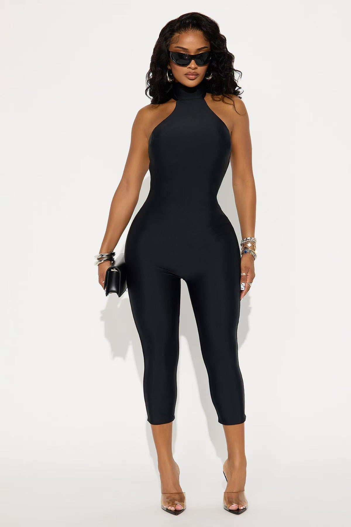 Women’s Halter Neck Jumpsuit – Backless Slim Fit Cropped Outfit