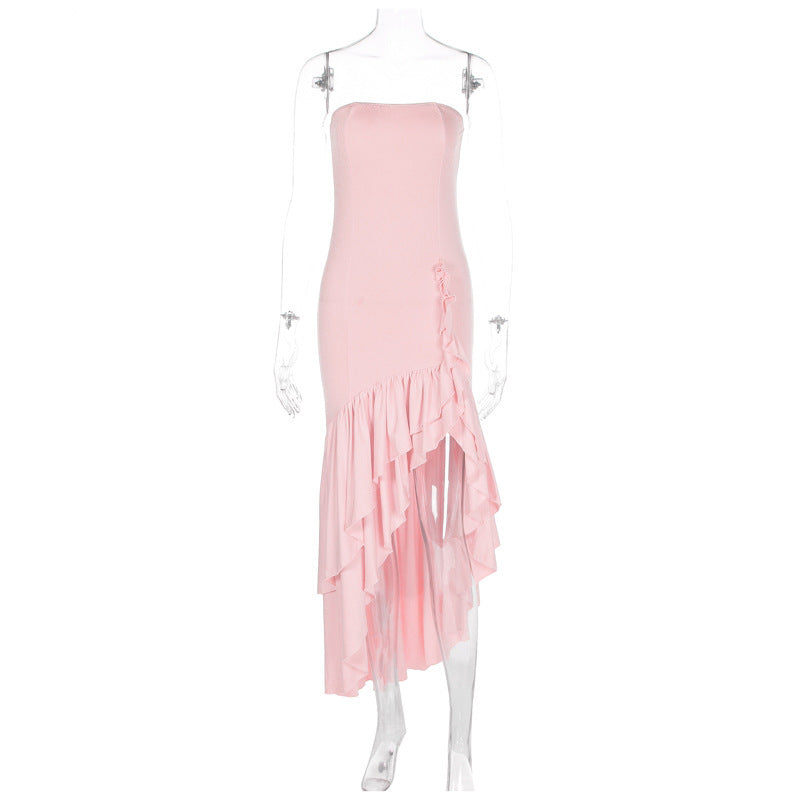 Women’s Off-Shoulder Maxi Dress – Asymmetrical High Waist Lotus Hem Dress