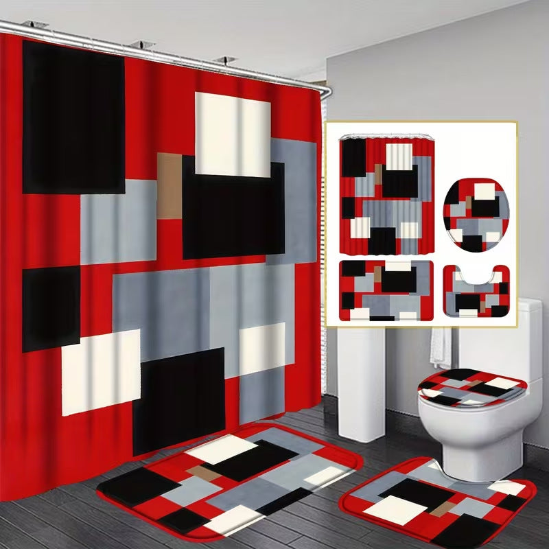 Geometric Shower Curtain Set – 4-Piece Bathroom Decor with Mats