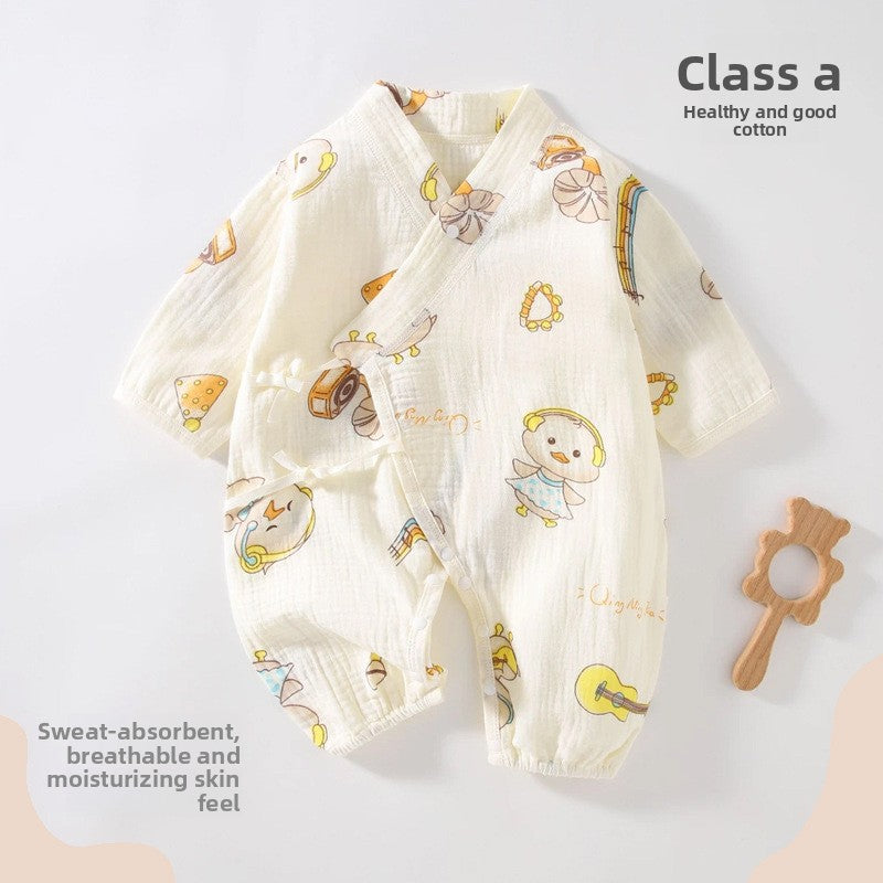 100% Cotton Baby Romper – Long Sleeve Gauze Slanted Tie Jumpsuit (Four-Season Wear)