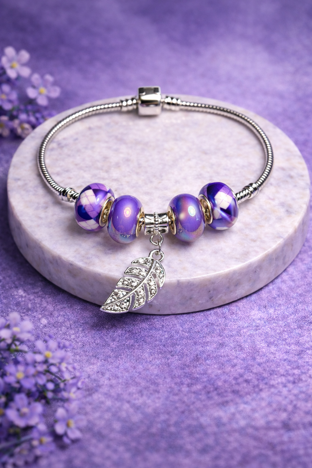 925 Sterling Silver Charm Bracelet – Snake Chain with Beads - Purple