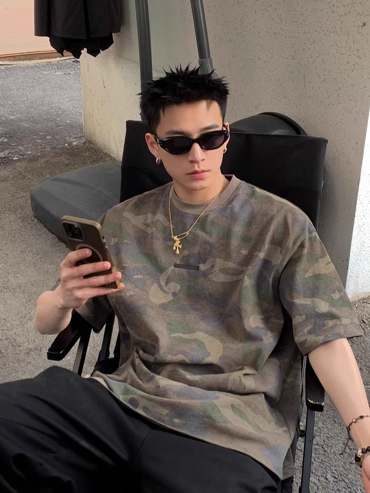 American Retro Camouflage T-Shirt – Vintage Washed Loose-Fit Summer Streetwear