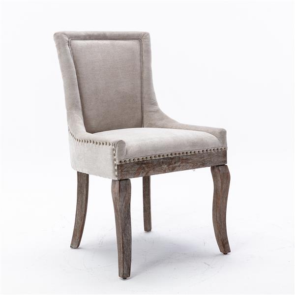 Beige Upholstered Dining Chair with Solid Wood Legs & Bronze Nailhead Trim