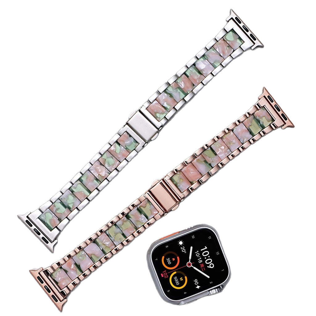 Metal Rainbow Resin Apple Watch Strap – Three-Bead Folding Buckle Replacement Band