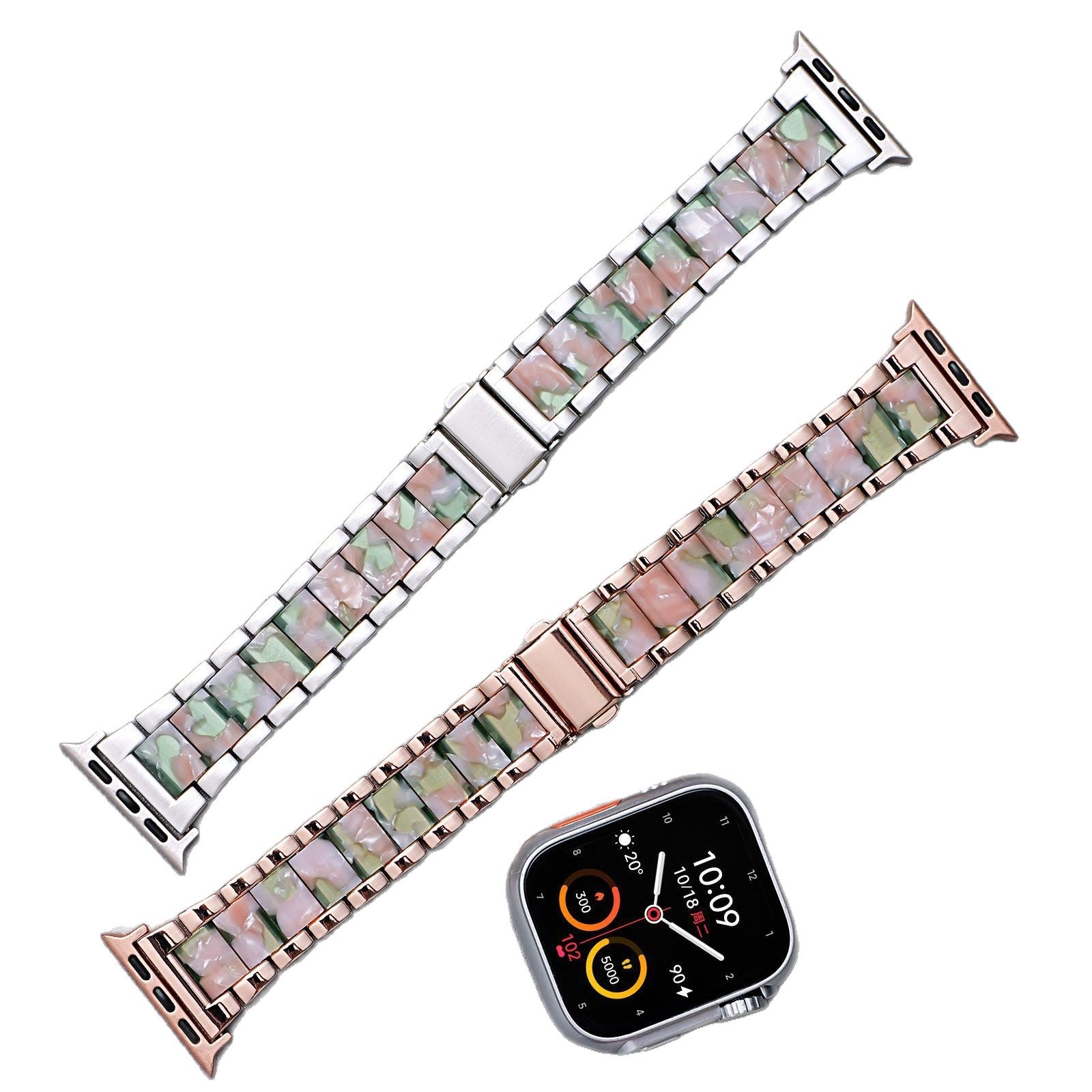 Metal Rainbow Resin Apple Watch Strap – Three-Bead Folding Buckle Replacement Band