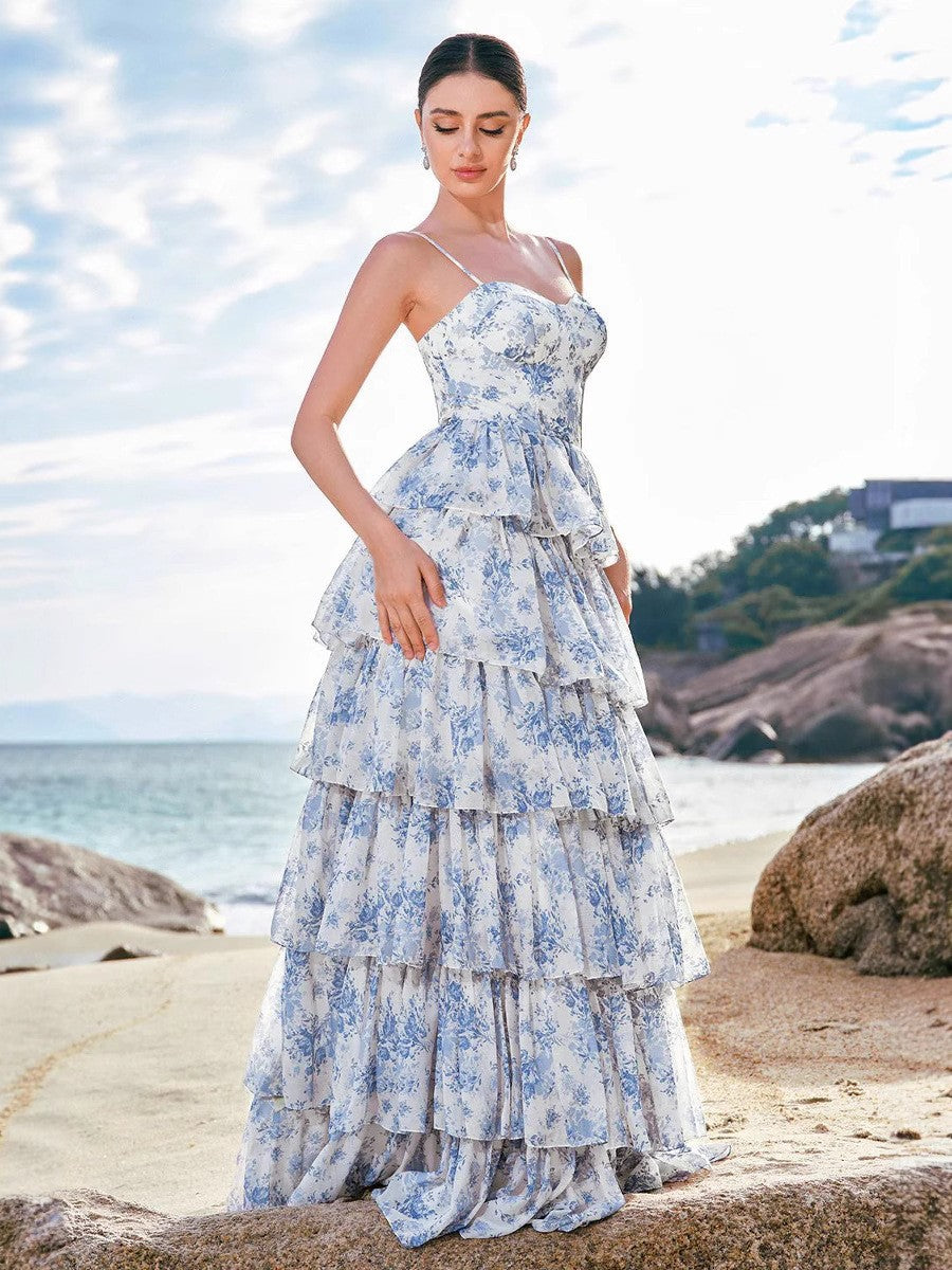 Women’s Floral Chiffon Dress – Halter Neck Tie Waist Elegant Dress