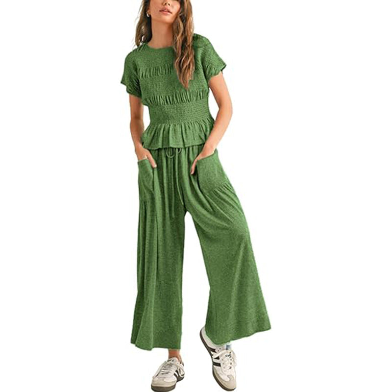 Women’s Two-Piece Lounge Set – Short Sleeve Top & Wide-Leg Pants Outfit