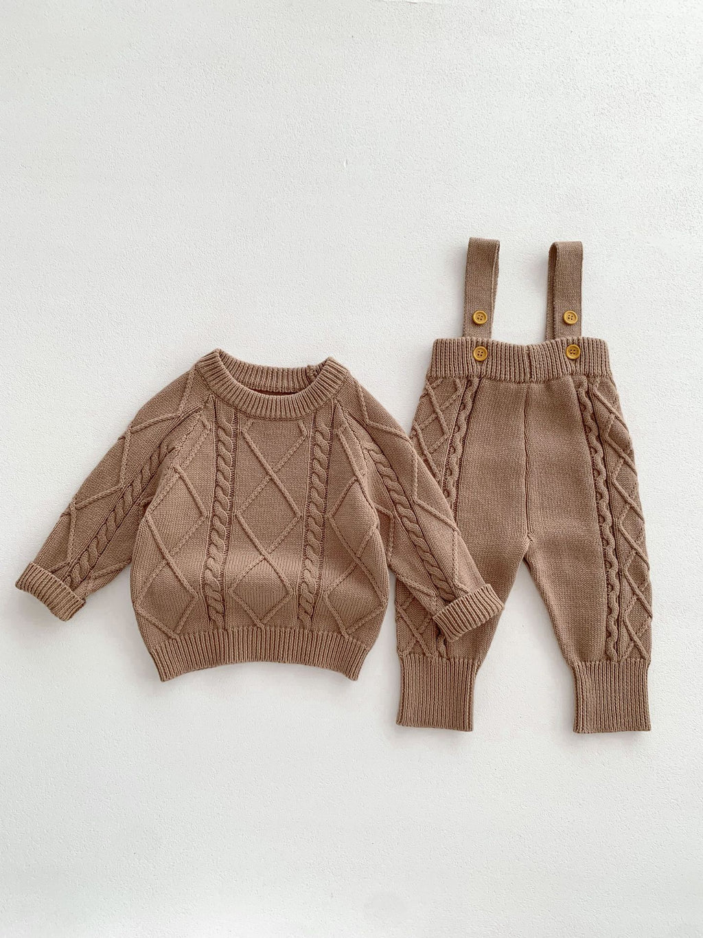 100% Cotton Baby Two-Piece Set – Korean Style Knit Sweater & Strap Pants Outfit