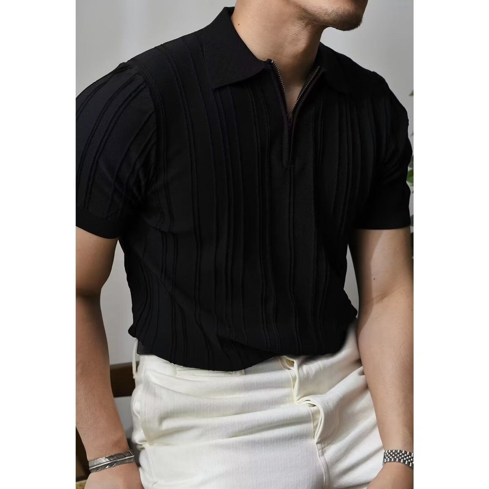 Men's Striped Zipper Polo Shirt – Lightweight Summer Short Sleeve Shirt