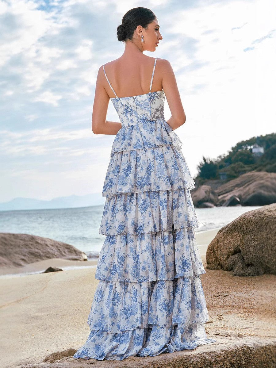 Women’s Floral Chiffon Dress – Halter Neck Tie Waist Elegant Dress