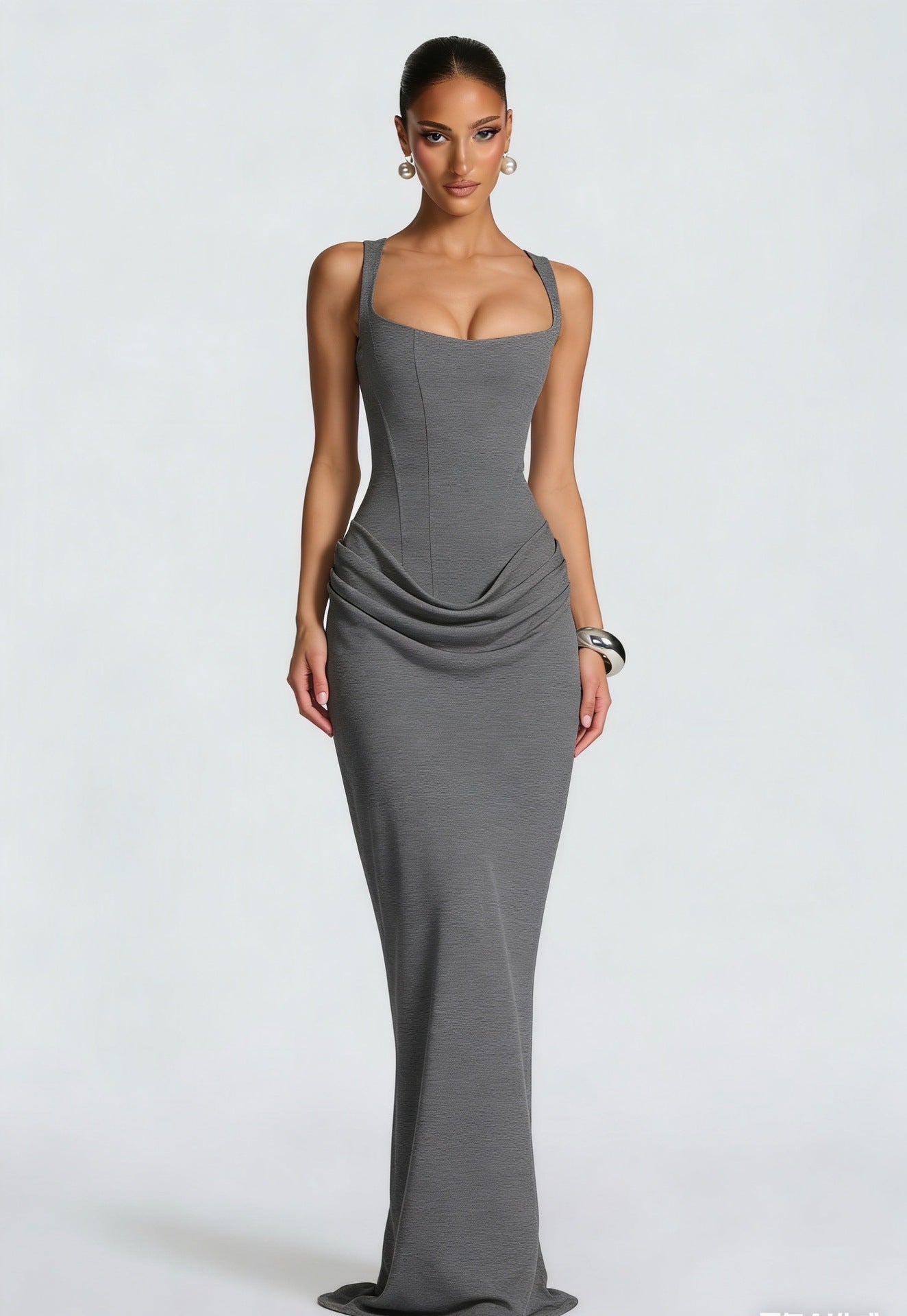 Slim Fit Fishbone Strap Bodycon Maxi Dress – High Waist Sleeveless Gown