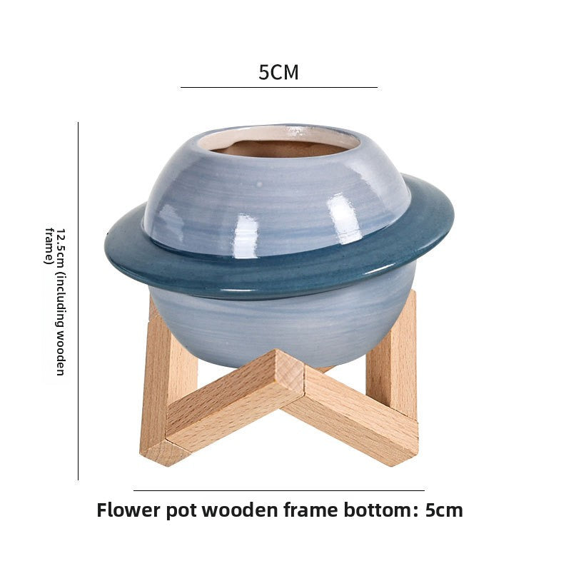Nordic Planet Ceramic Flower Pot – Creative Self-Watering Planter with Wooden Stand