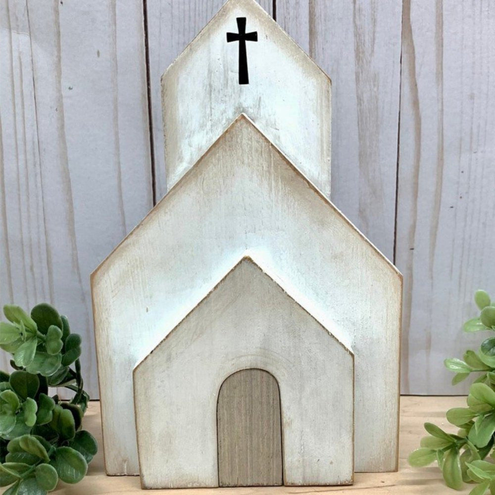 Easter Religious Wooden Decor Set – Pine Wood Cross, Church & Angel Tray Display