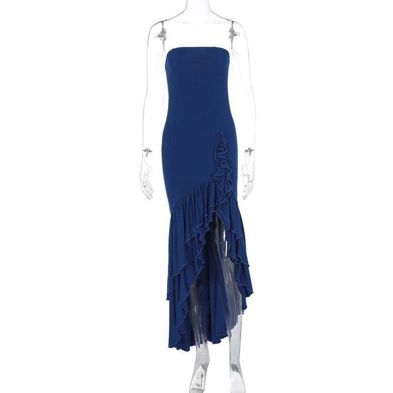 Women’s Off-Shoulder Maxi Dress – Asymmetrical High Waist Lotus Hem Dress