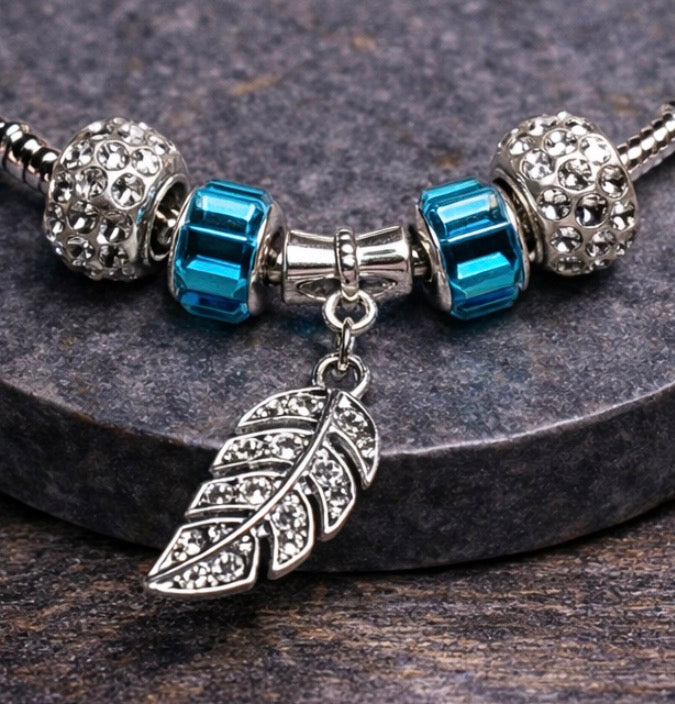 925 Sterling Silver Charm Bracelet – Snake Chain with Beads - Blue