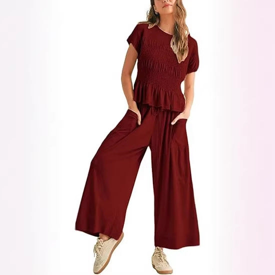 Women’s Two-Piece Lounge Set – Short Sleeve Top & Wide-Leg Pants Outfit