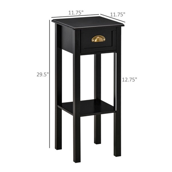 Black Slim Side Table – Compact Nightstand with Drawer & Open Shelf