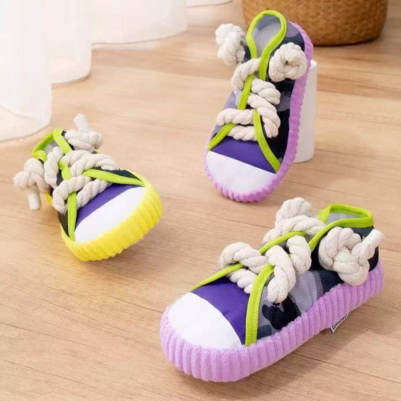 Dog Squeaky Shoe Toy – Canvas & Cotton Rope Chew Toy for Pets