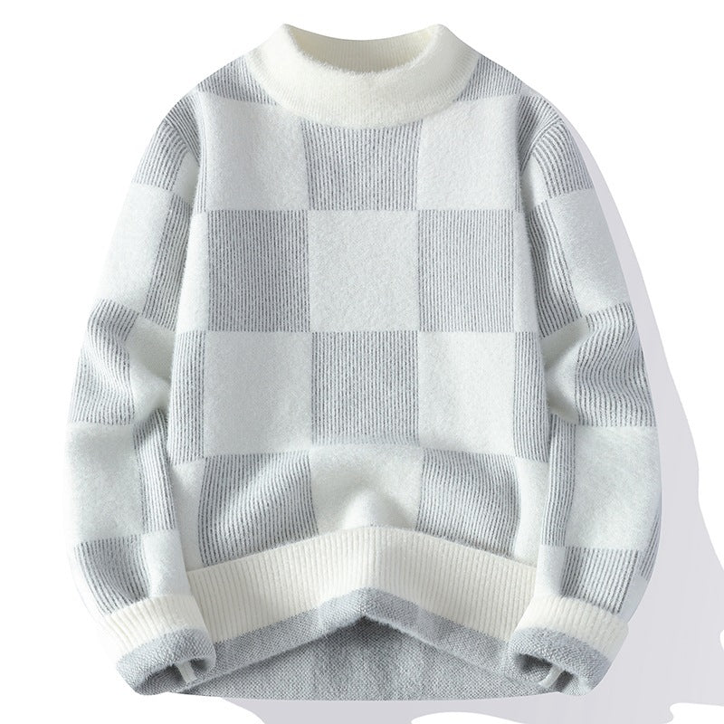 Slim Fit Half Turtleneck Sweater – Thick Jacquard Color Block Winter Pullover