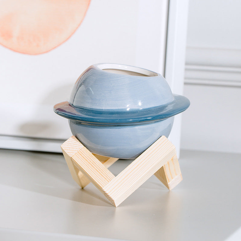 Nordic Planet Ceramic Flower Pot – Creative Self-Watering Planter with Wooden Stand