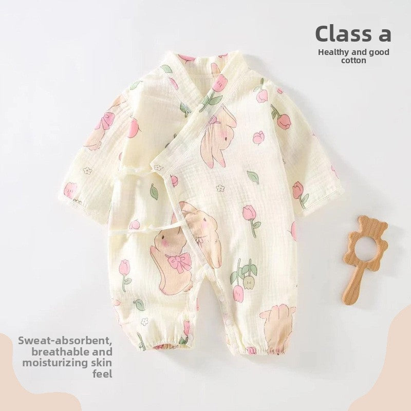 100% Cotton Baby Romper – Long Sleeve Gauze Slanted Tie Jumpsuit (Four-Season Wear)