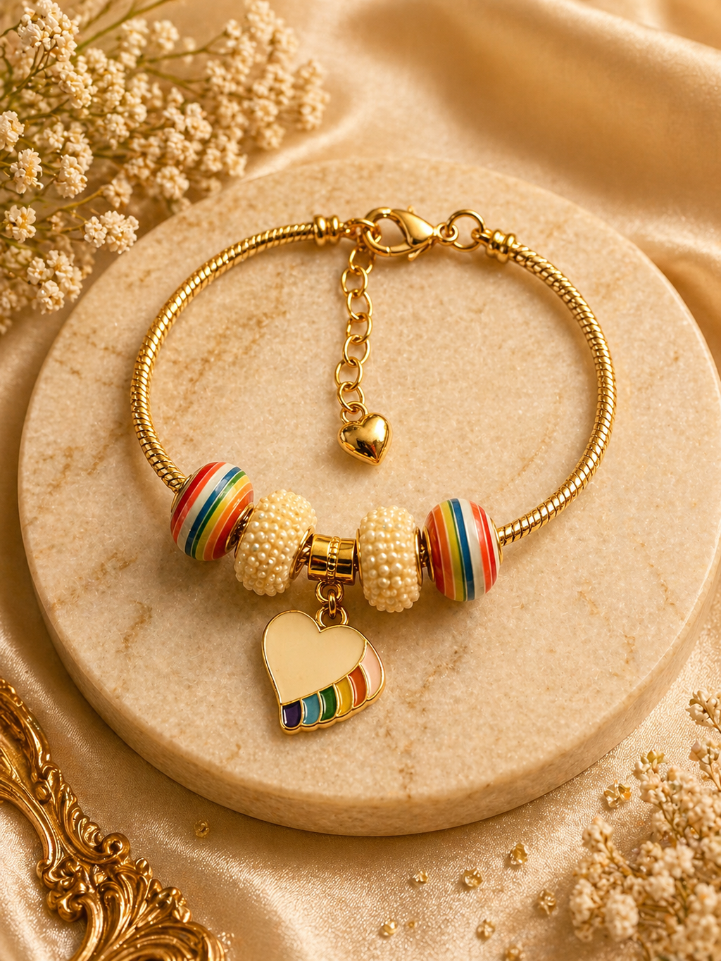 Gold Charm Bracelet – Snake Chain with Unique Designed Beads- Rainbow