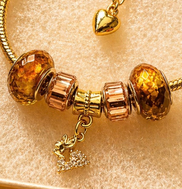 Gold Charm Bracelet – Snake Chain with Unique Designed Beads - Bronze
