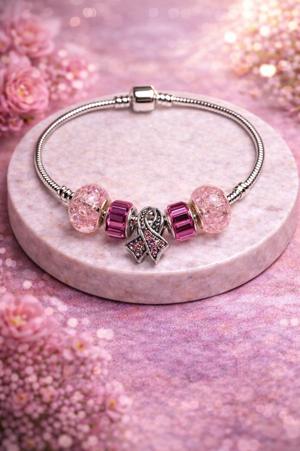 925 Sterling Silver Charm Bracelet – Snake Chain with Beads - Pink - Cancer Awareness