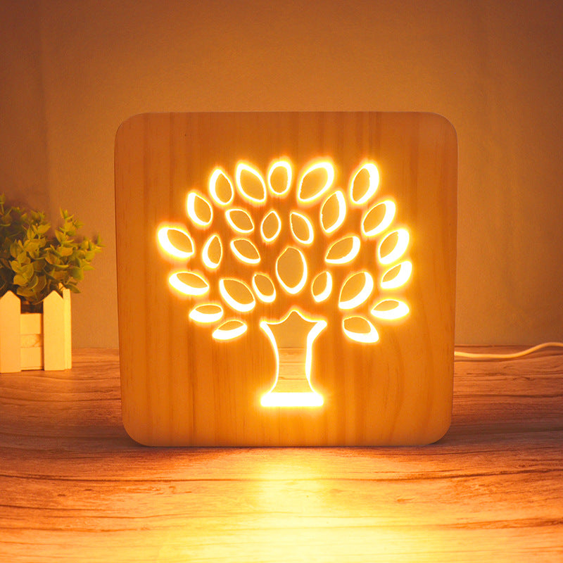 3D Wooden Projection Night Light – LED Carved Ambient Table Lamp