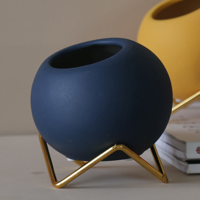 Nordic Decorative Potted Plant – Modern Ceramic & Iron Frame Succulent Ornament