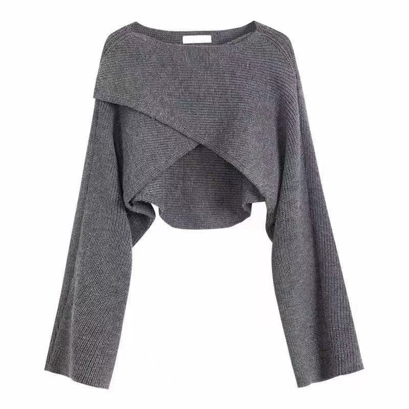 Women’s Cropped Batwing Knit Sweater – Asymmetrical Round Neck Fashion Pullover
