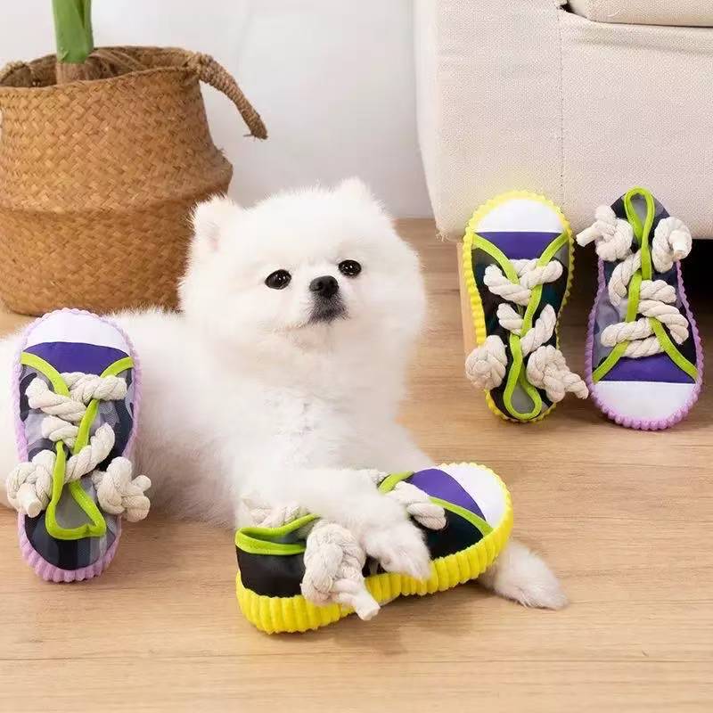 Dog Squeaky Shoe Toy – Canvas & Cotton Rope Chew Toy for Pets