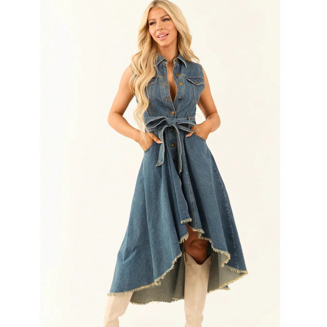 Women’s Denim Midi Dress – Sleeveless Lace-Up Irregular Hem Dress