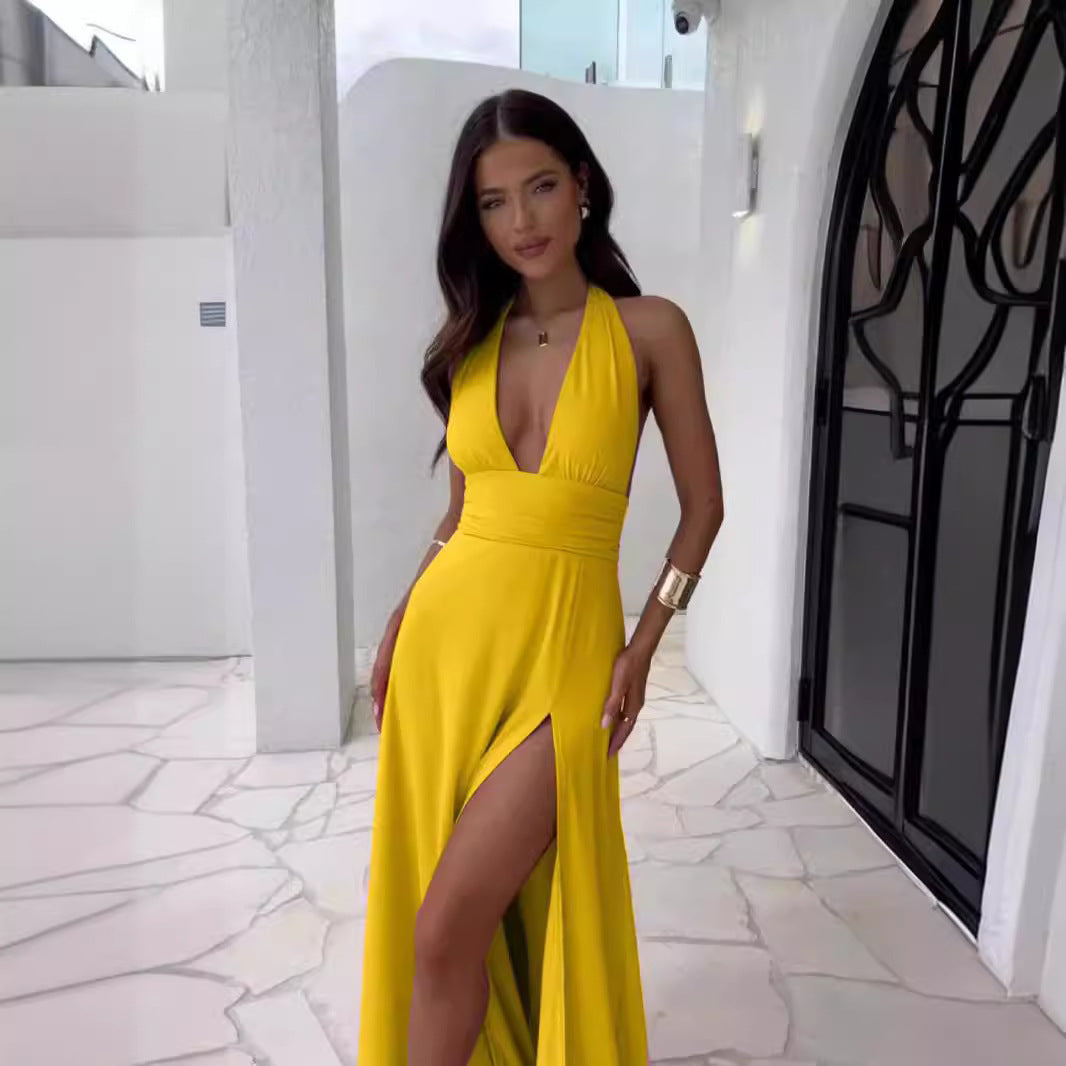 Women’s Halter Maxi Dress – Elegant V-Neck A-Line Slit Dress