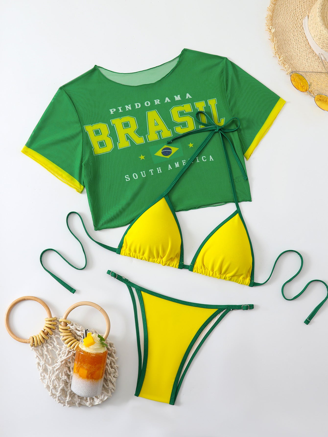 Women’s Three-Piece Bikini Set – Color Block Swimwear with Cover-Up