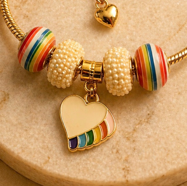 Gold Charm Bracelet – Snake Chain with Unique Designed Beads- Rainbow