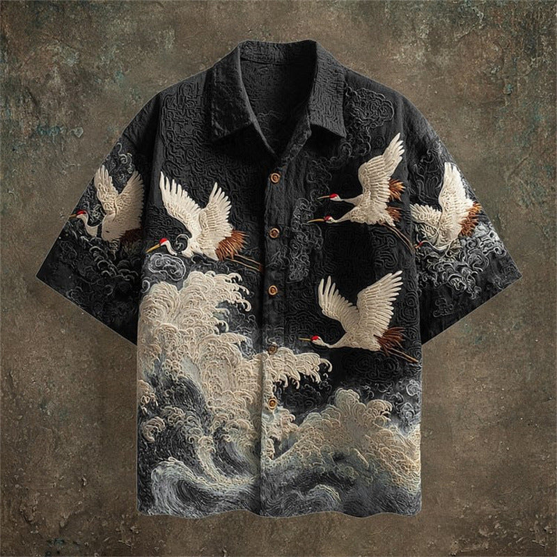 Men's Retro Button-Up Shirt – Relaxed Fit Mid-Sleeve Vintage Shirt