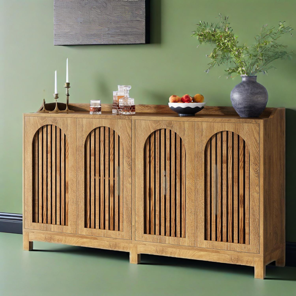 Vintage Oak Shutter Door Buffet Cabinet – Four-Door Sideboard with Adjustable Shelves