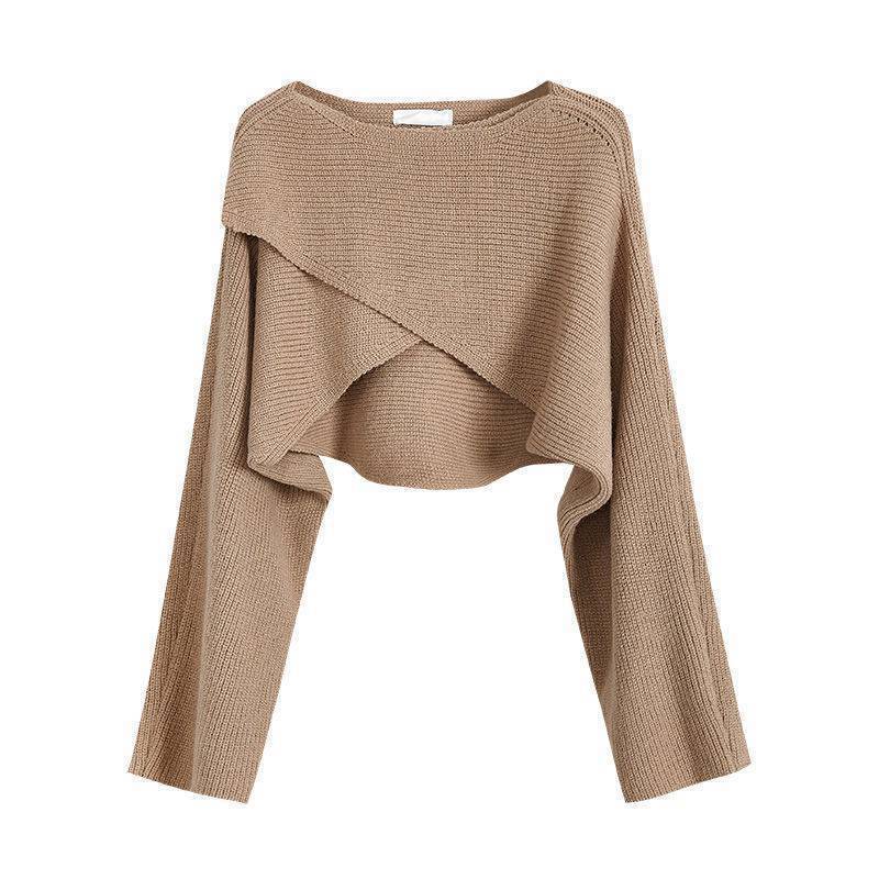 Women’s Cropped Batwing Knit Sweater – Asymmetrical Round Neck Fashion Pullover