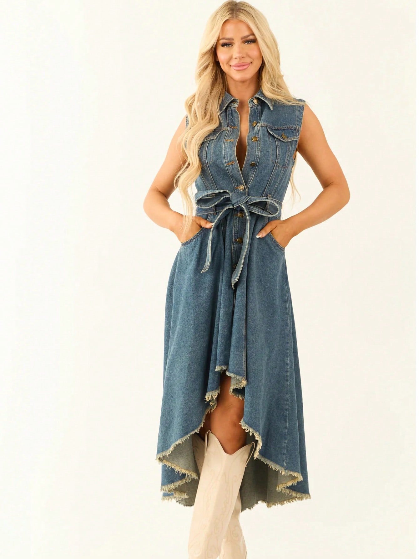 Women’s Denim Midi Dress – Sleeveless Lace-Up Irregular Hem Dress