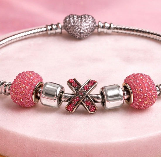 925 Sterling Silver Charm Bracelet – Snake Chain with Beads - Pink