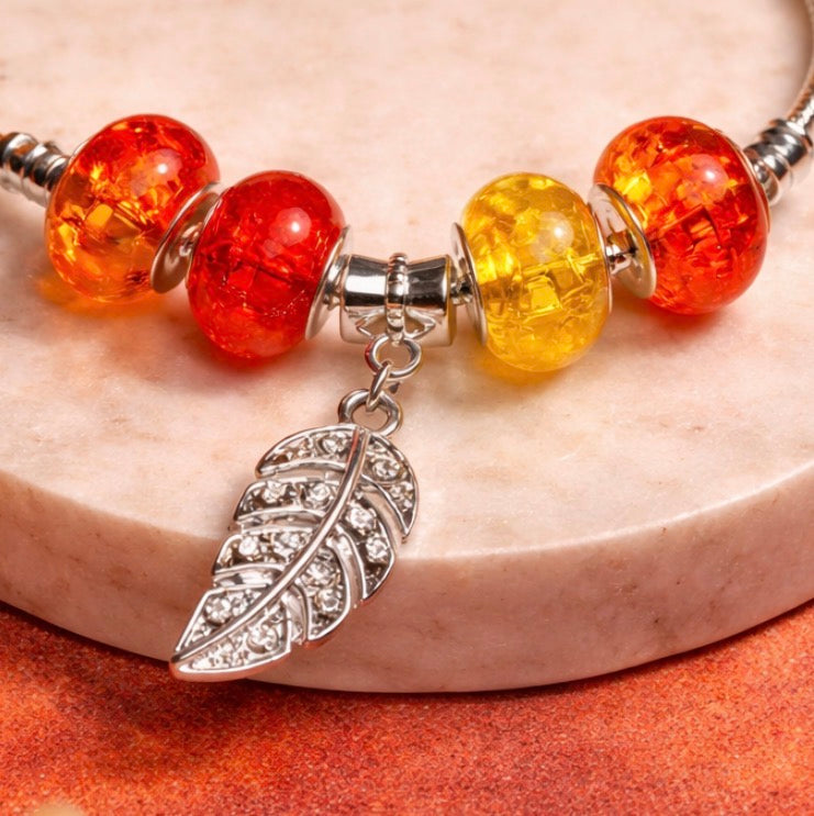 925 Sterling Silver Charm Bracelet – Snake Chain with Beads - Orange and Yellow